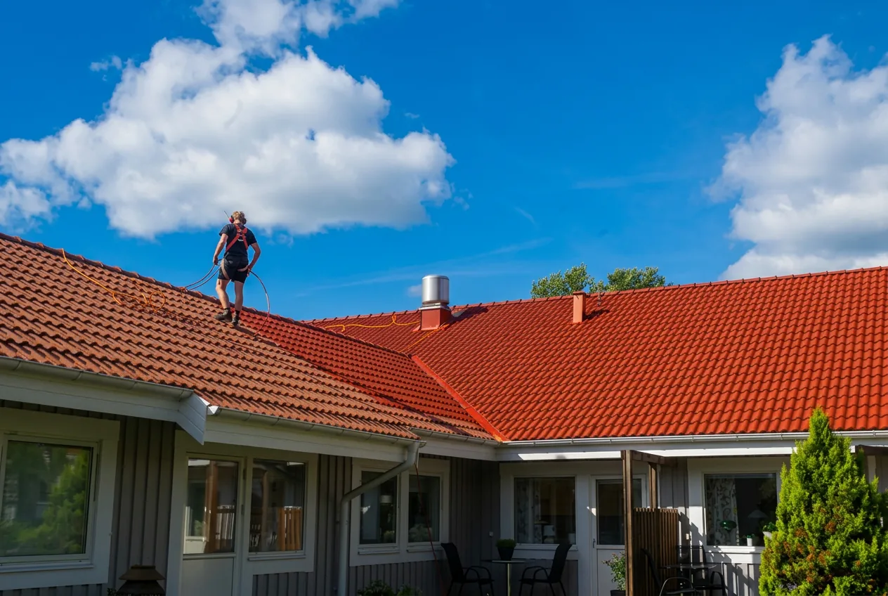 Roof care being carried out on a red tiled roof by a local roof specialist